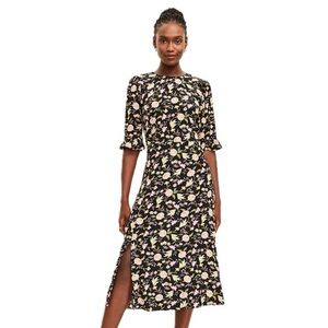 LOFT Floral Print Ruffle Sleeve‎ Side Slit Midi Dress Black
